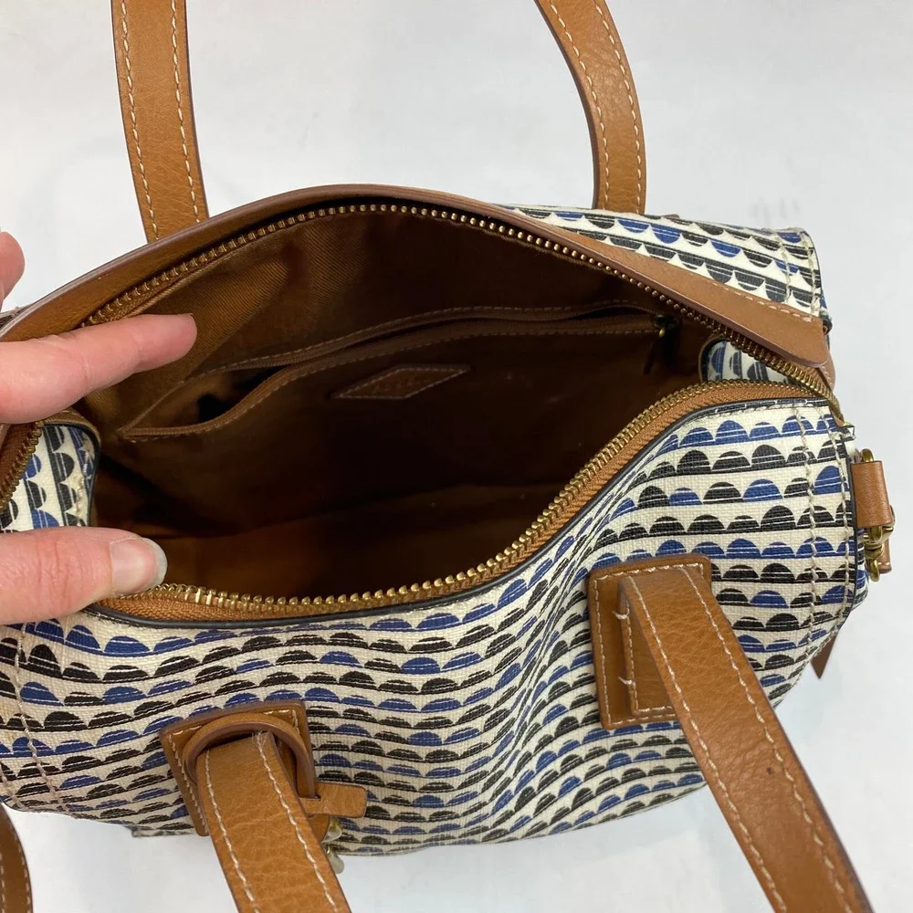 Fossil Emma Satchel Handbag Purse With Matching NWT Wallet, Blue Black Print